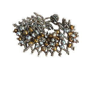 Silver Copper Tone Seed Bead Bracelet Metallic Button Clasp Cuff 6.5" 7.25"